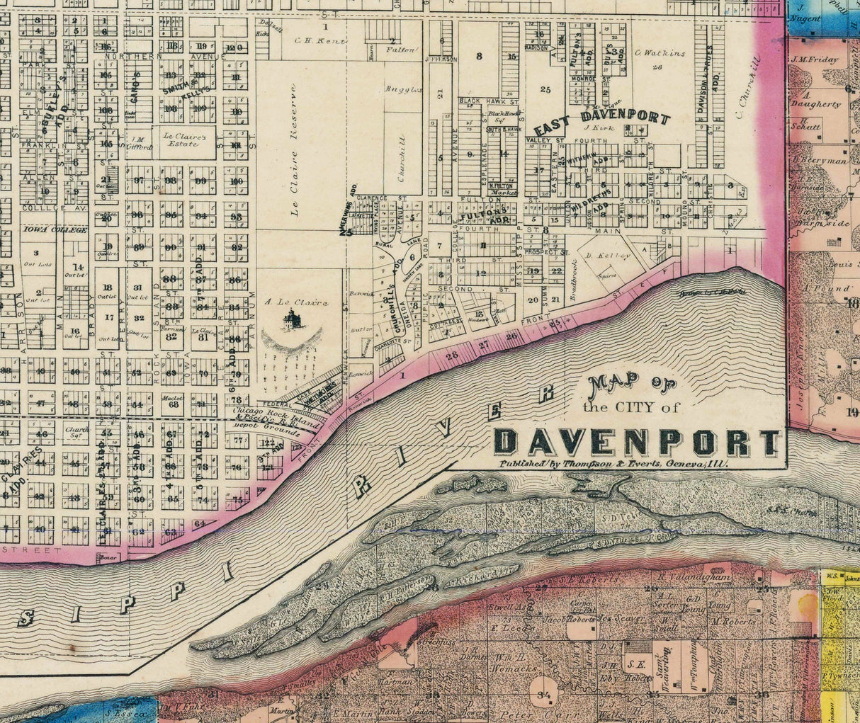 1859 Map of Scott County Iowa and Rock Island County Illinois
