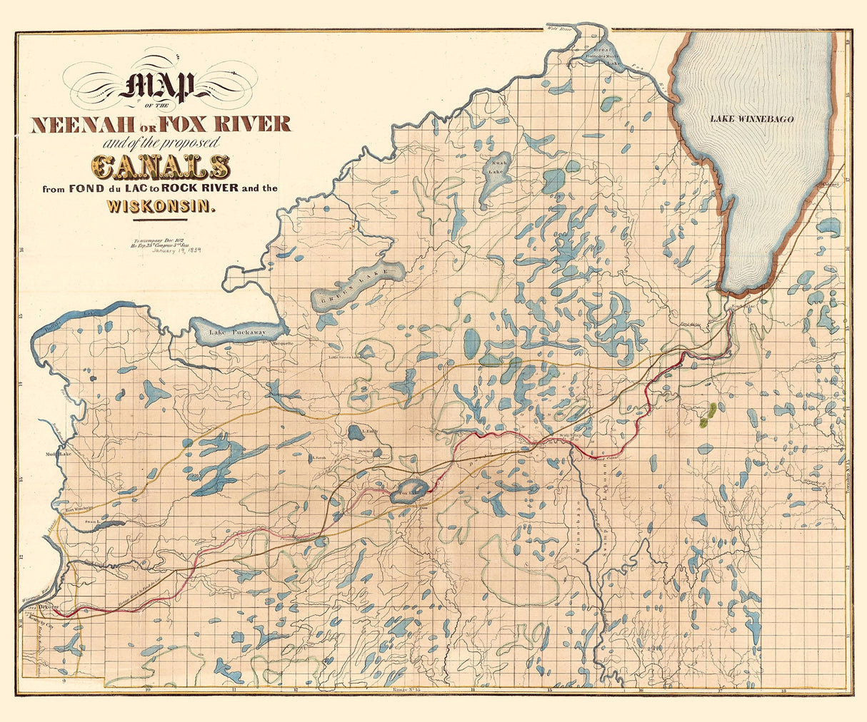 1839 Map of the Neenah or Fox River Wisconsin and Canals