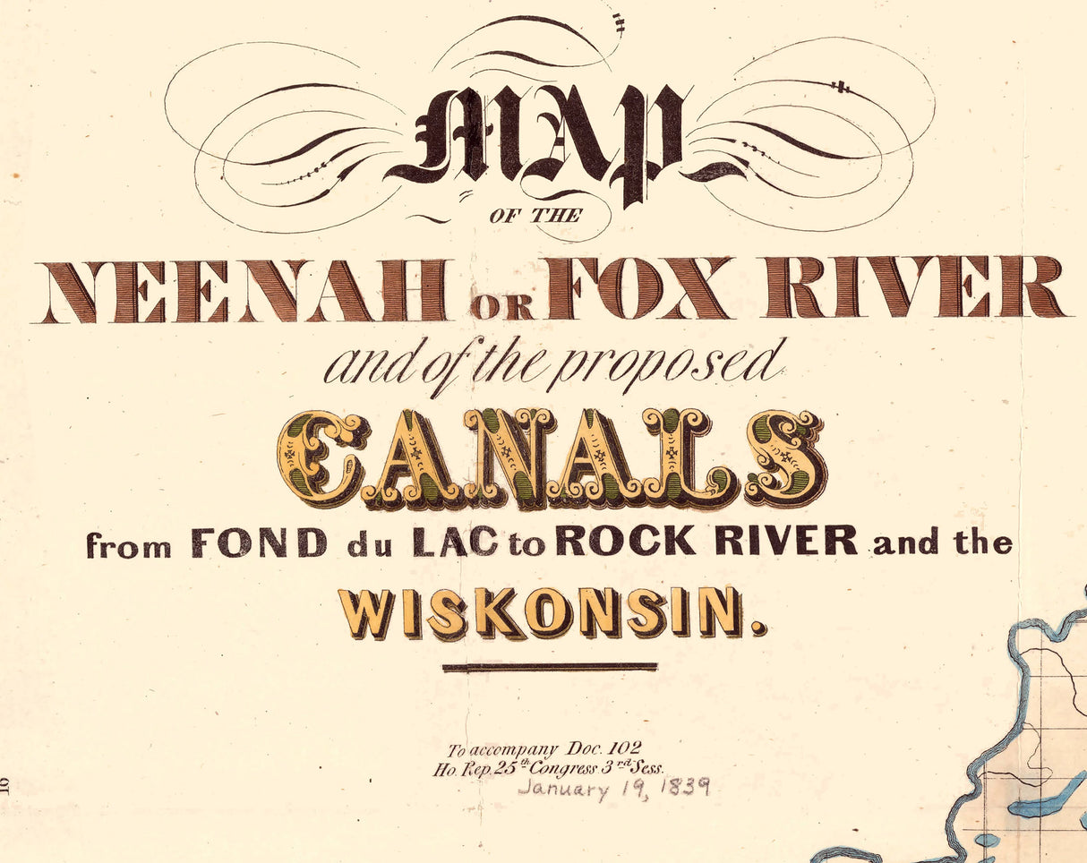 1839 Map of the Neenah or Fox River Wisconsin and Canals