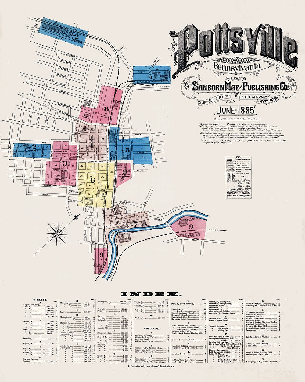 1885 Town Map of Pottsville Schuylkill County Pennsylvania