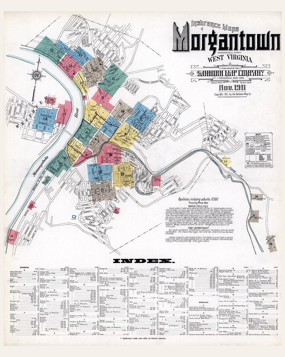 1911 Town Map of Morgantown West Virginia