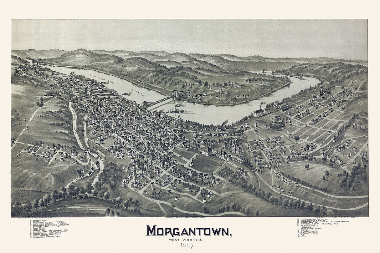 1897 Panoramic Map of Morgantown West Virginia