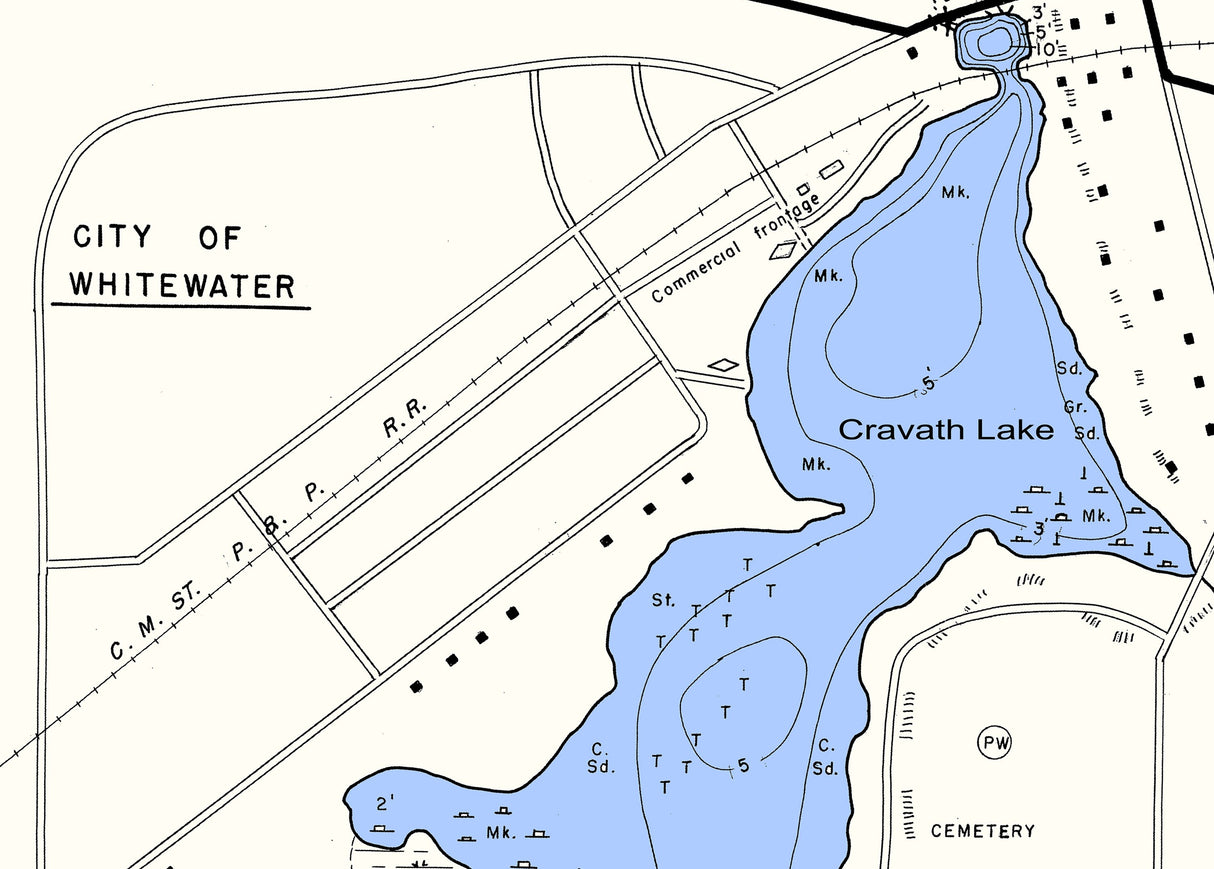 1966 Map of Cravath Lake and Tripp Lake Walworth County Wisconsin Whitewater