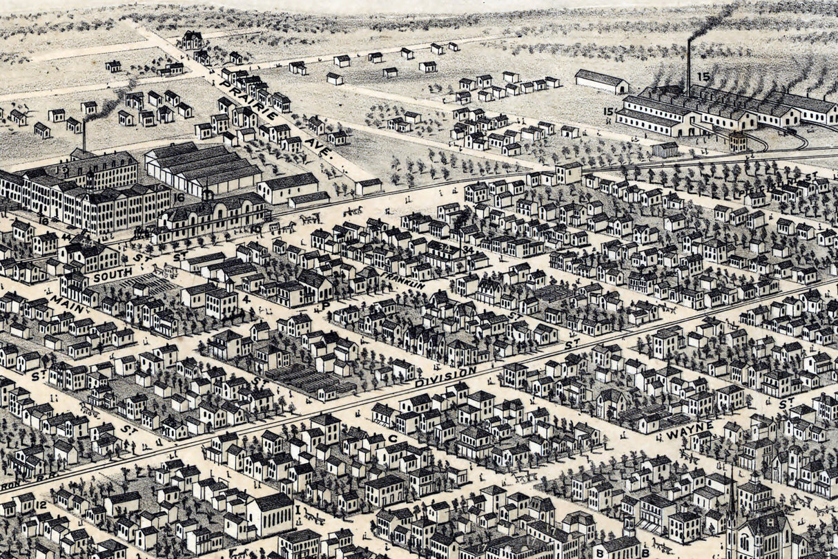 1874 Panoramic Map of South Bend Indiana