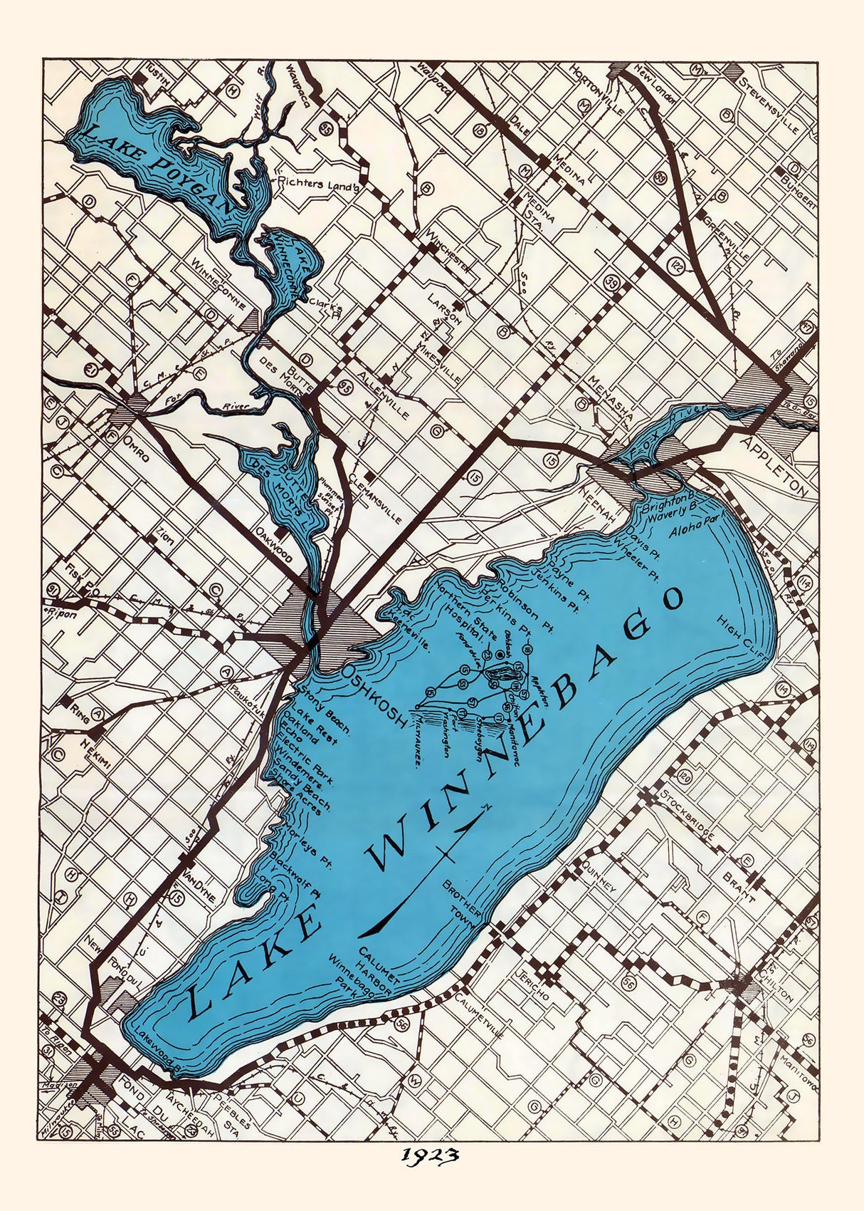 1923 Map of Lake Winnebago Wisconsin