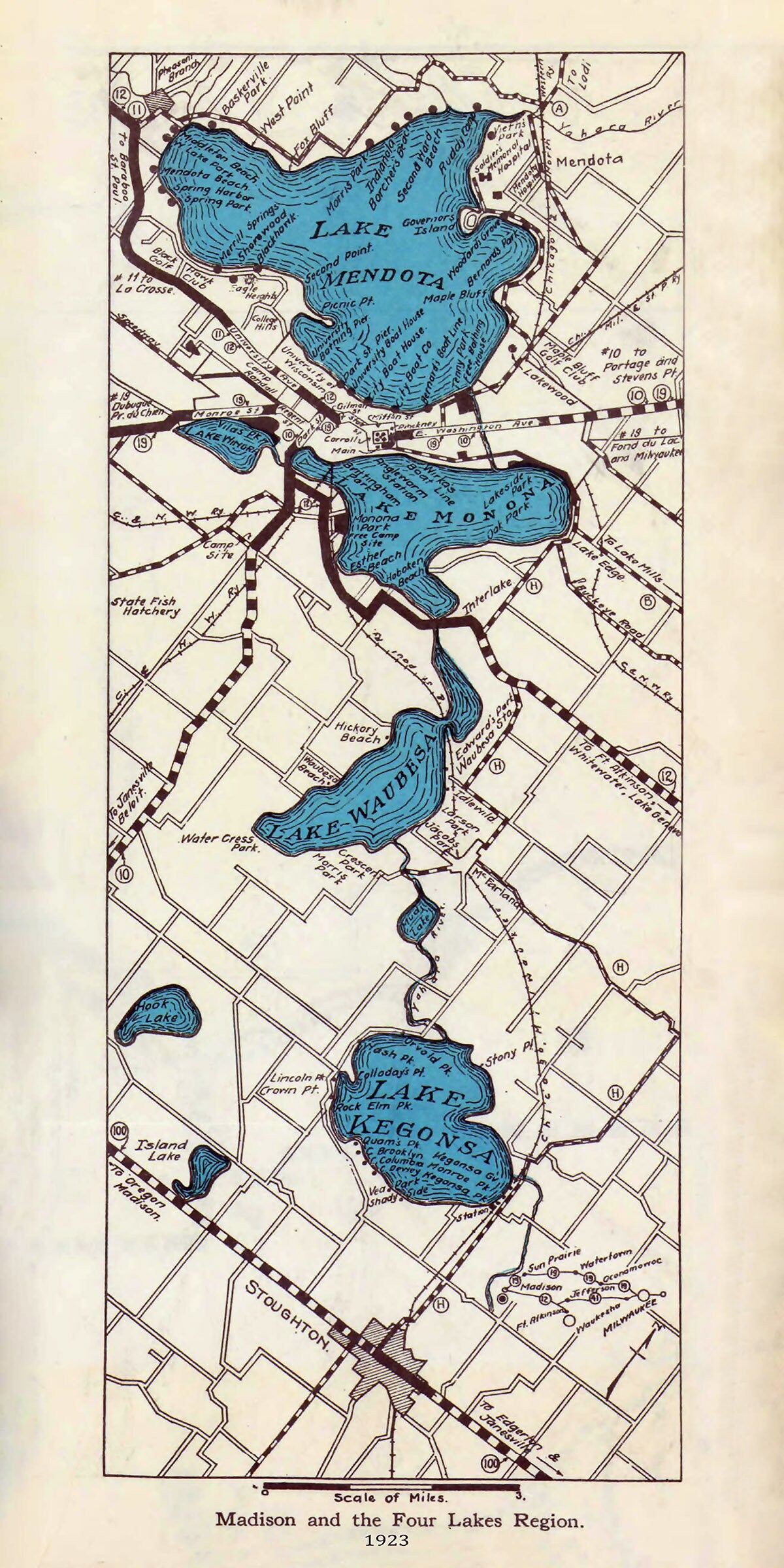 1923 Map of Madison and the Four Lakes Region Wisconsin