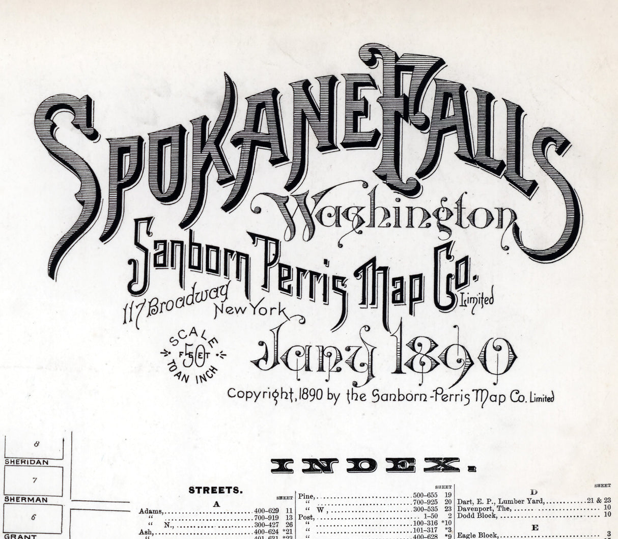 1890 Town Map of Spokane Spoke County Washington