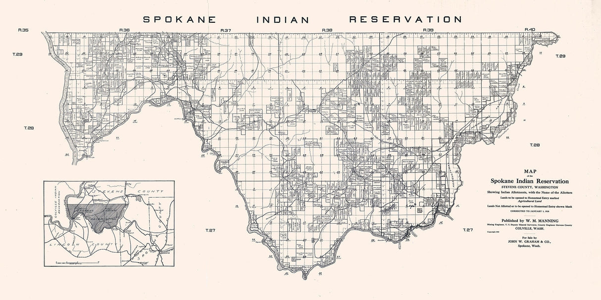 1910 Map of Spokane Indian Reservation Stevens County Washington