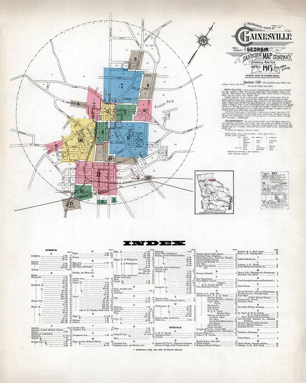 1915 Town Map of Gainesville Hall County Georgia