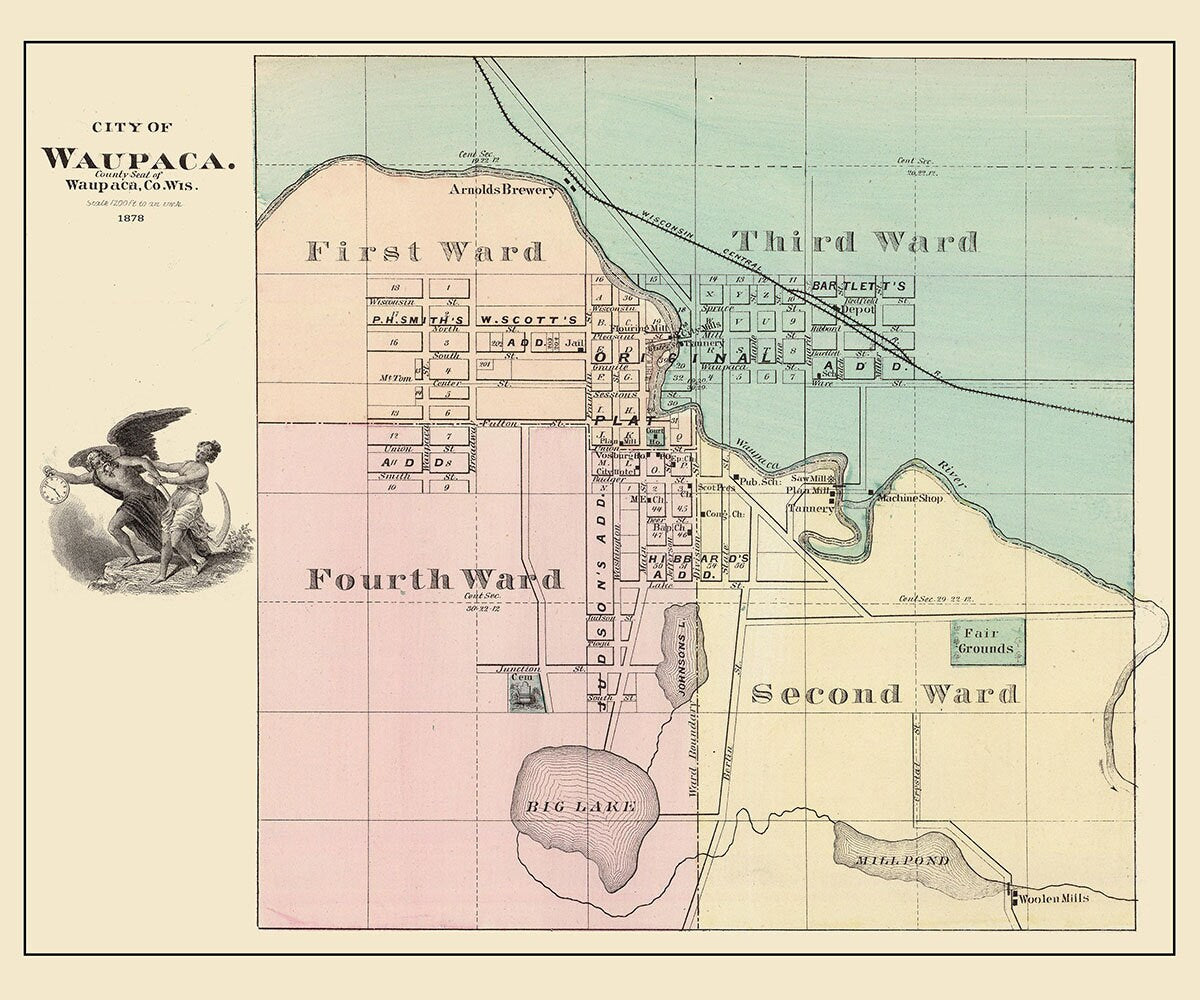 1878 Town Map of Waupaca Waupaca County Wisconsin