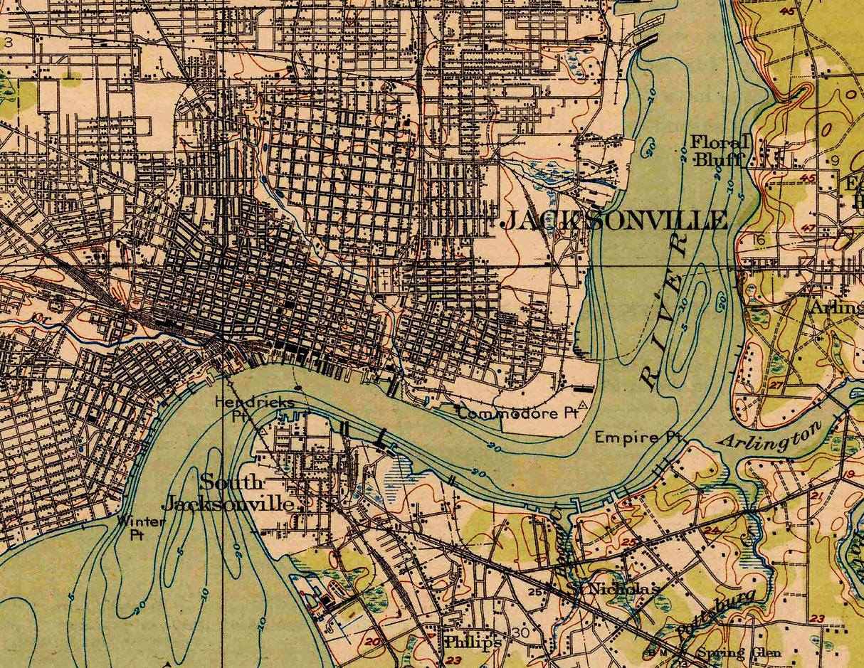 1918 Topo Map of Jacksonville Florida and Saint Johns River