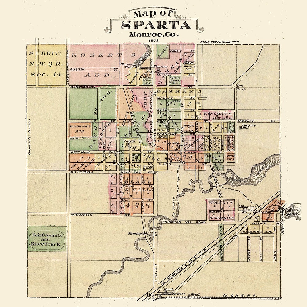 1878 Town Map of Sparta Monroe County Wisconsin