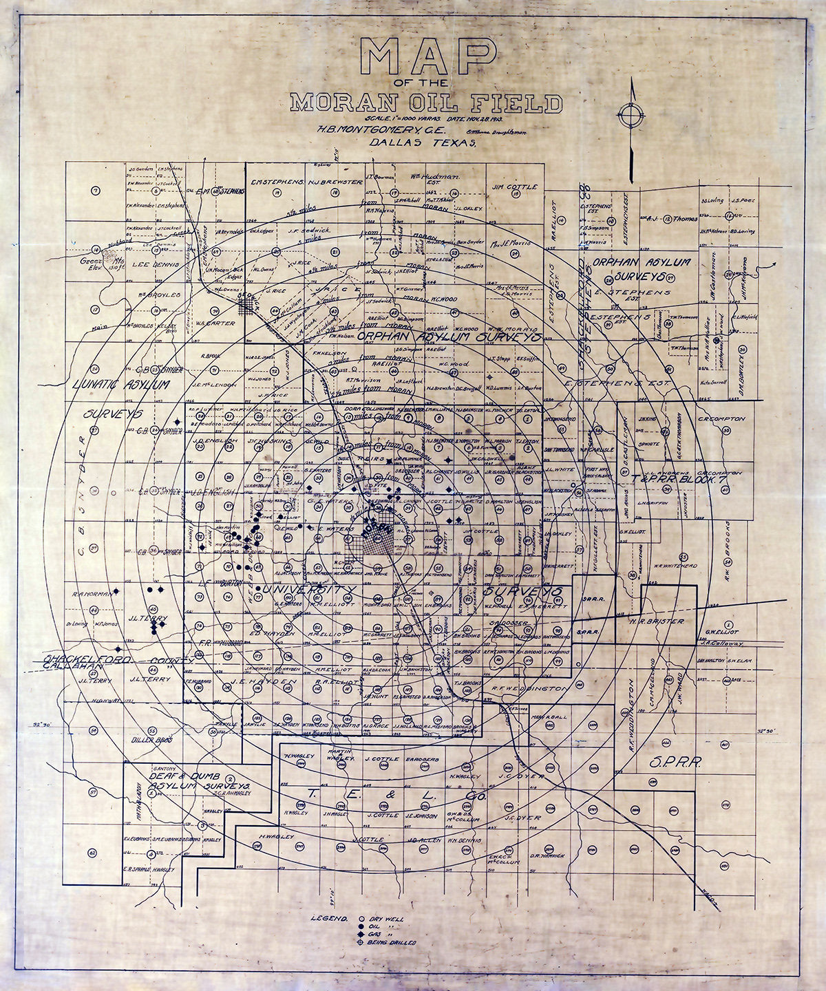 1913 Map of Moran Oil Well Field Texas Shackleford and Callahan County