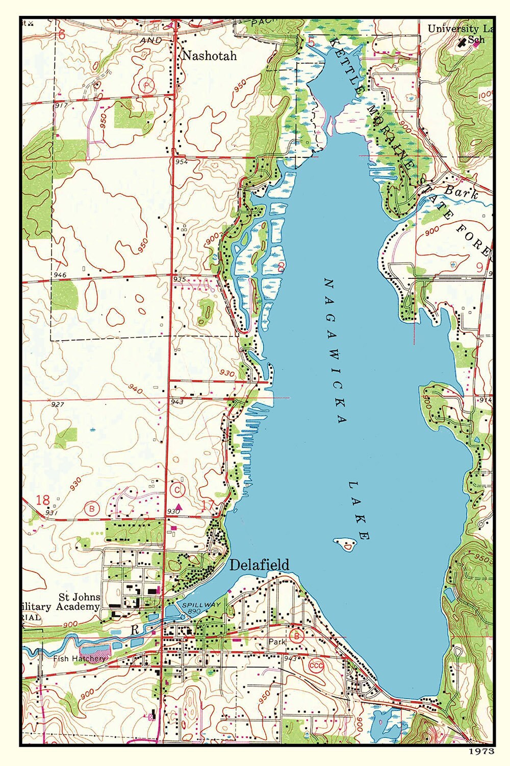 1973 Map of Nagawicka Lake Delafield Wisconsin