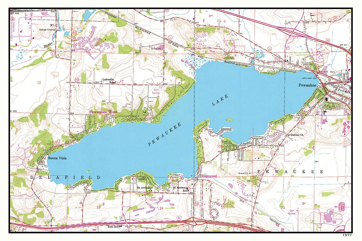 1977 Map of Pewaukee Lake Wisconsin