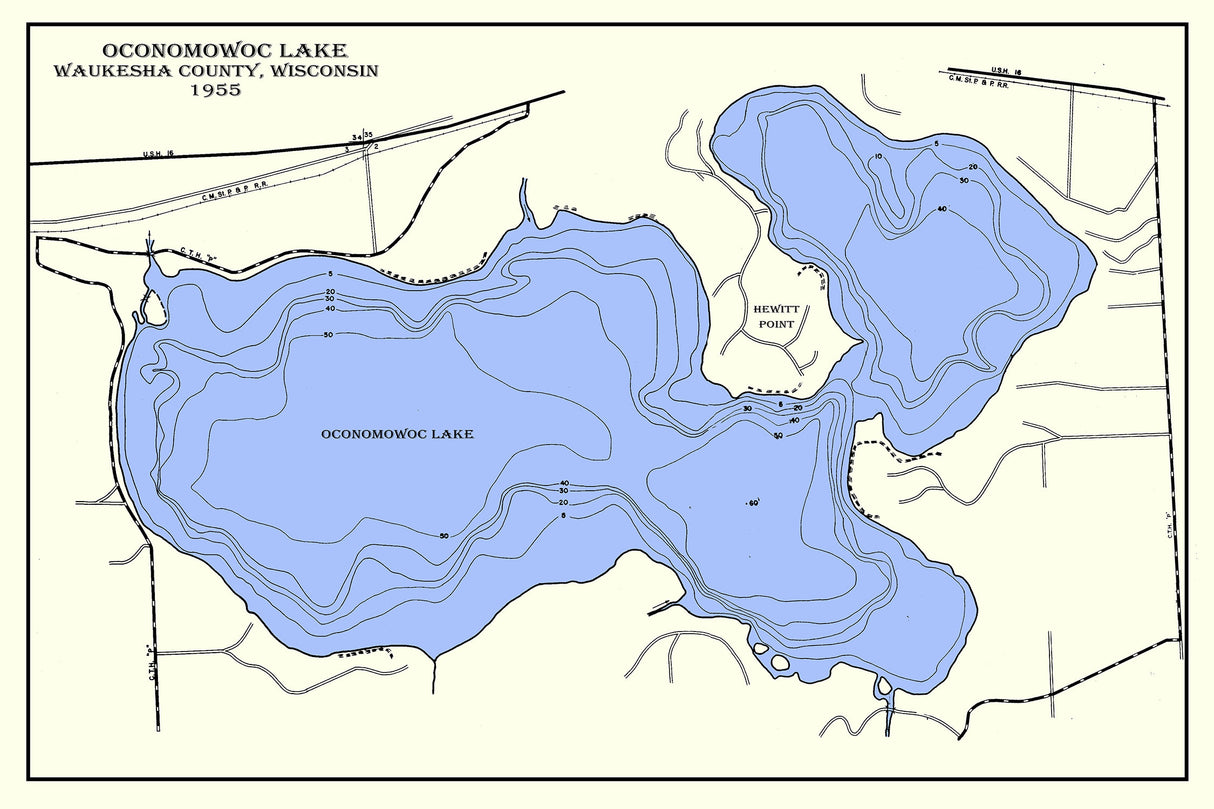 1955 Map of Oconomowoc Lake Waukesha County Wisconsin