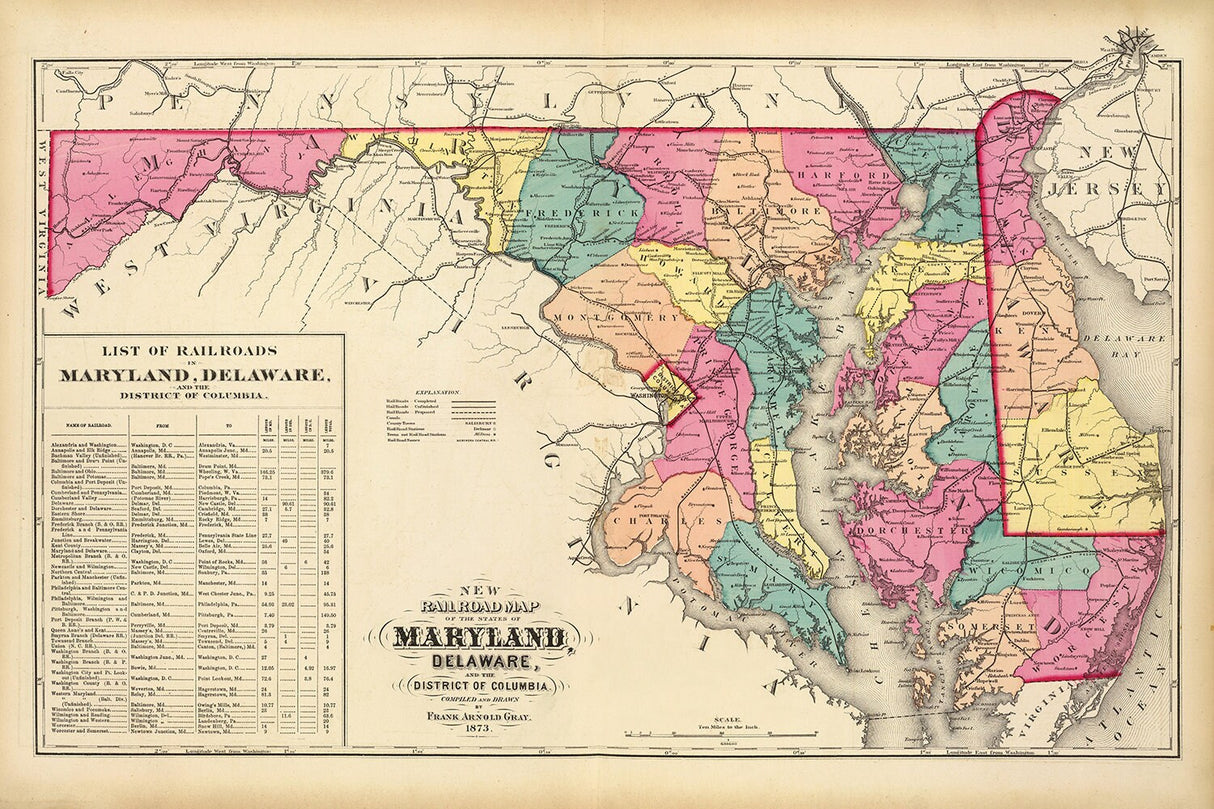 1873 Railroad Map of Maryland and Delaware