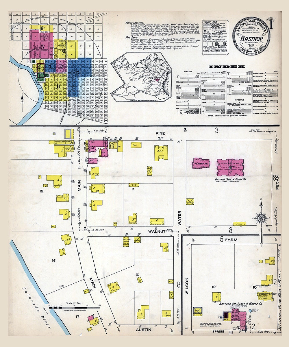 1921 Town Map of Brastrop Texas