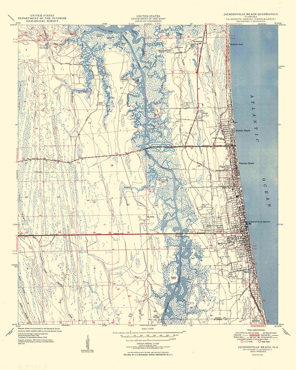 1949 Topo Map of Jacksonville Beach Florida