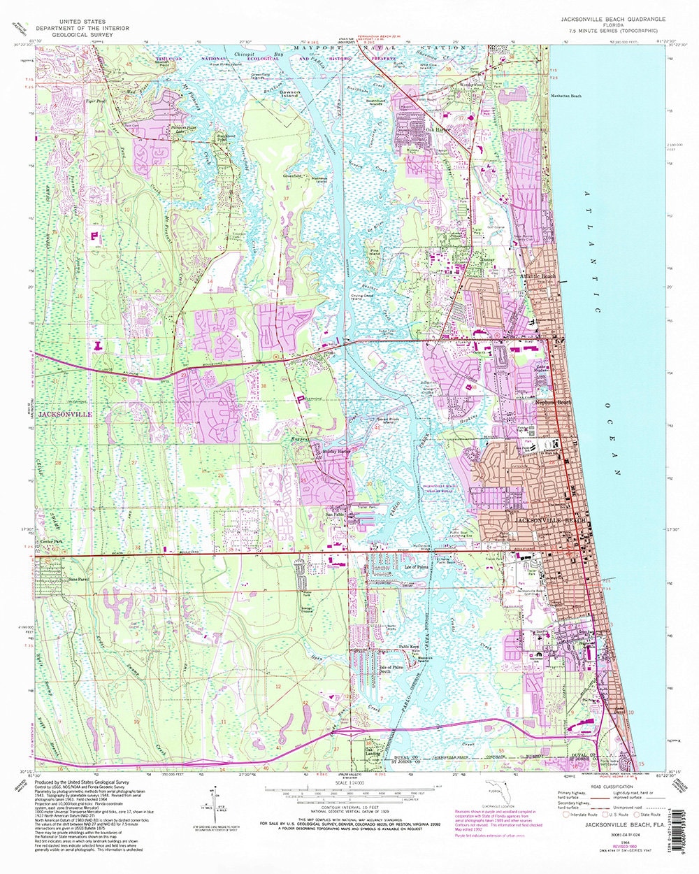 1992 Topo Map of Jacksonville Beach Florida