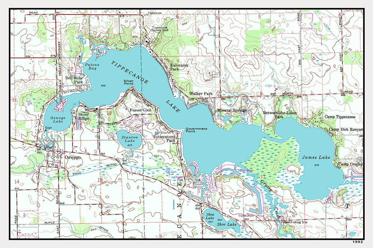 1992 Map of Tippecanoe Lake Indiana