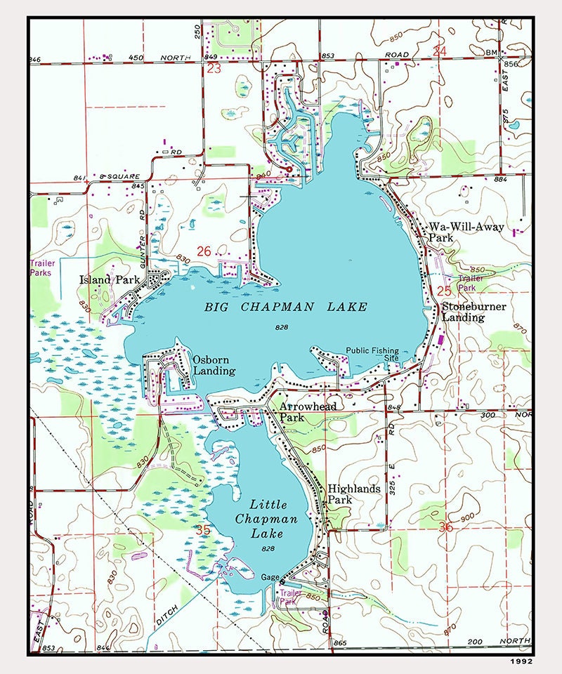 1992 Map of Big Chapman Lake Indiana