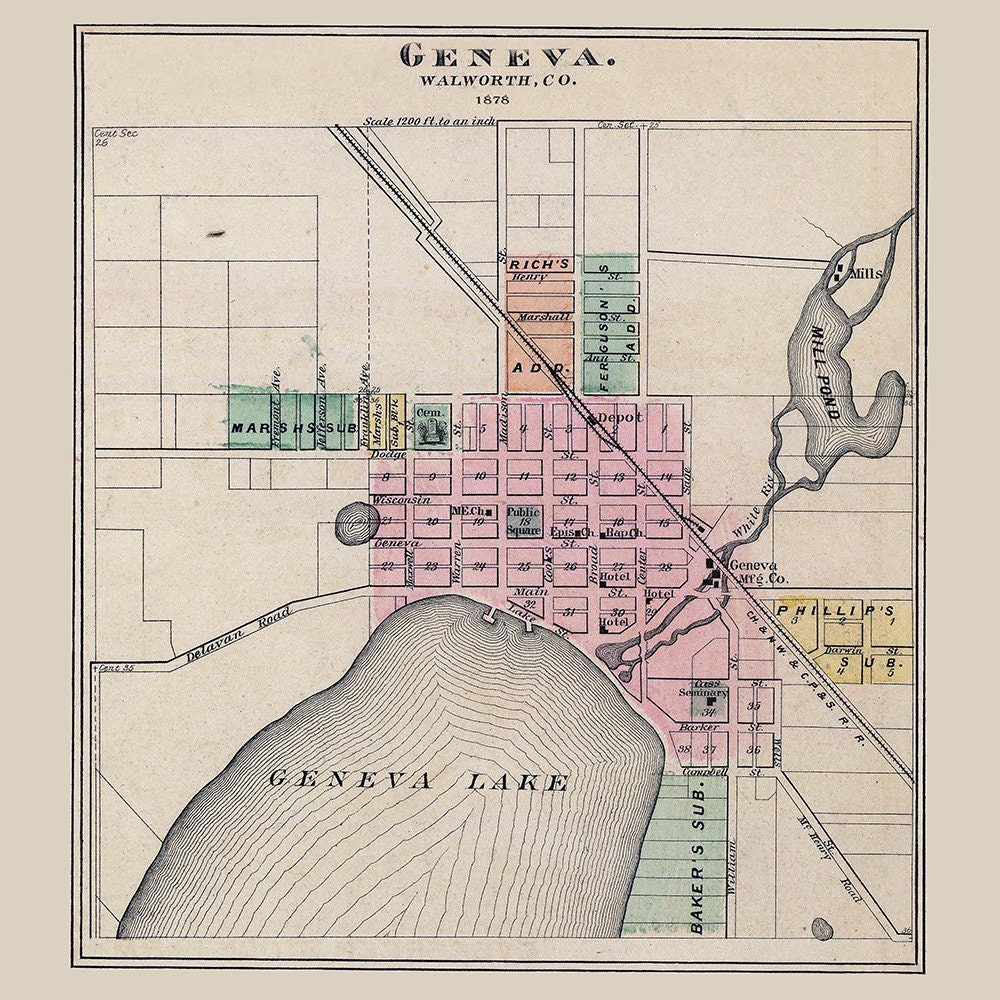 1878 Map of Geneva Walworth County Wisconsin
