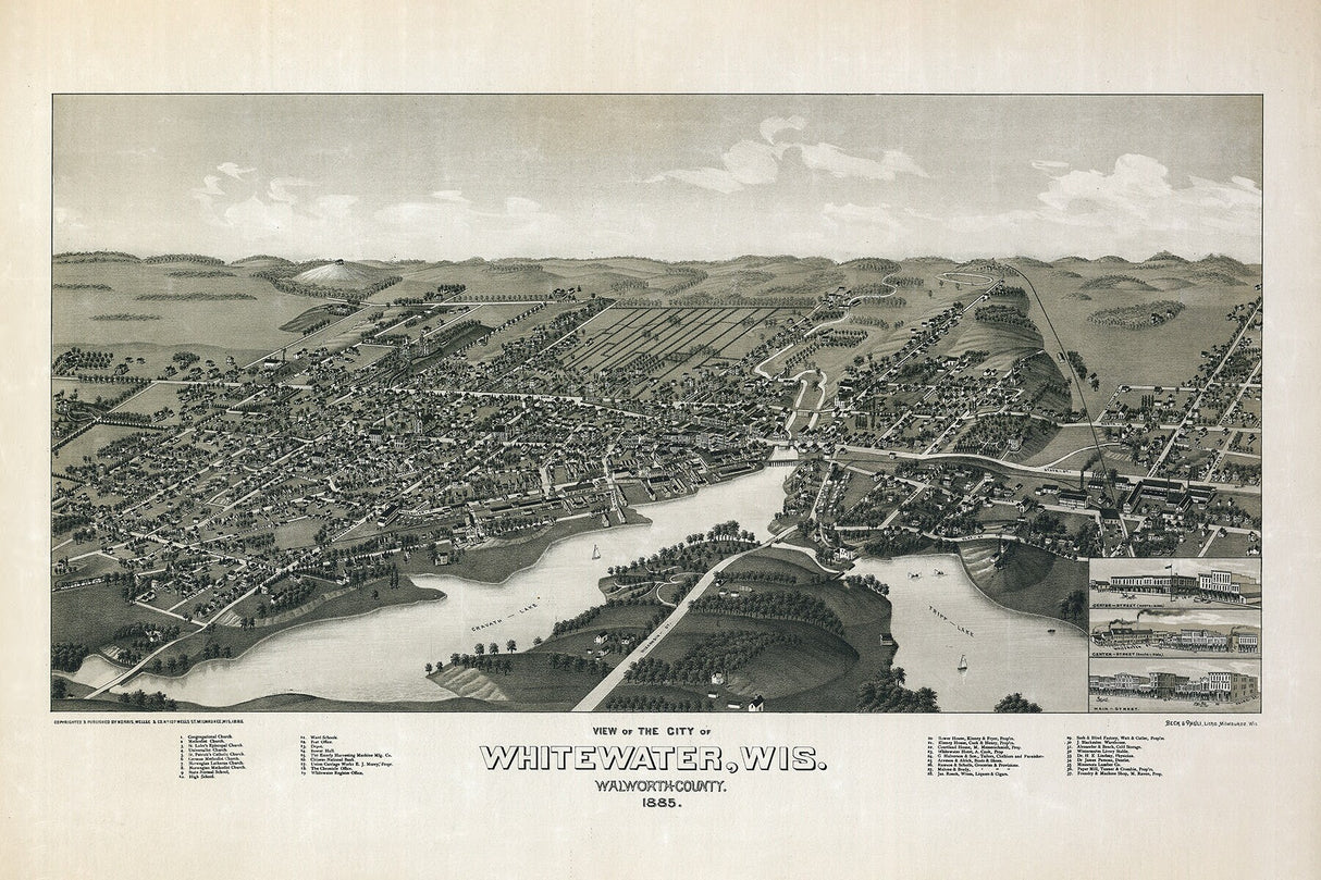 1855 Panoramic Map of Whitewater Walworth County Wisconsin
