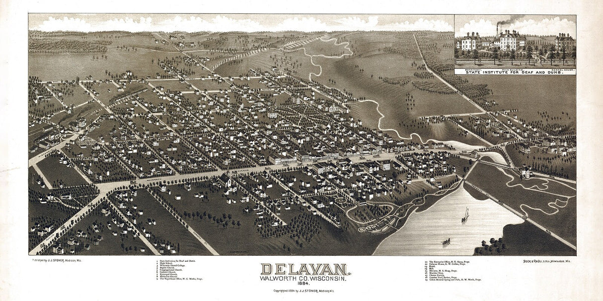 1884 Panoramic Map of Delavan Walworth County Wisconsin Delavan Lake