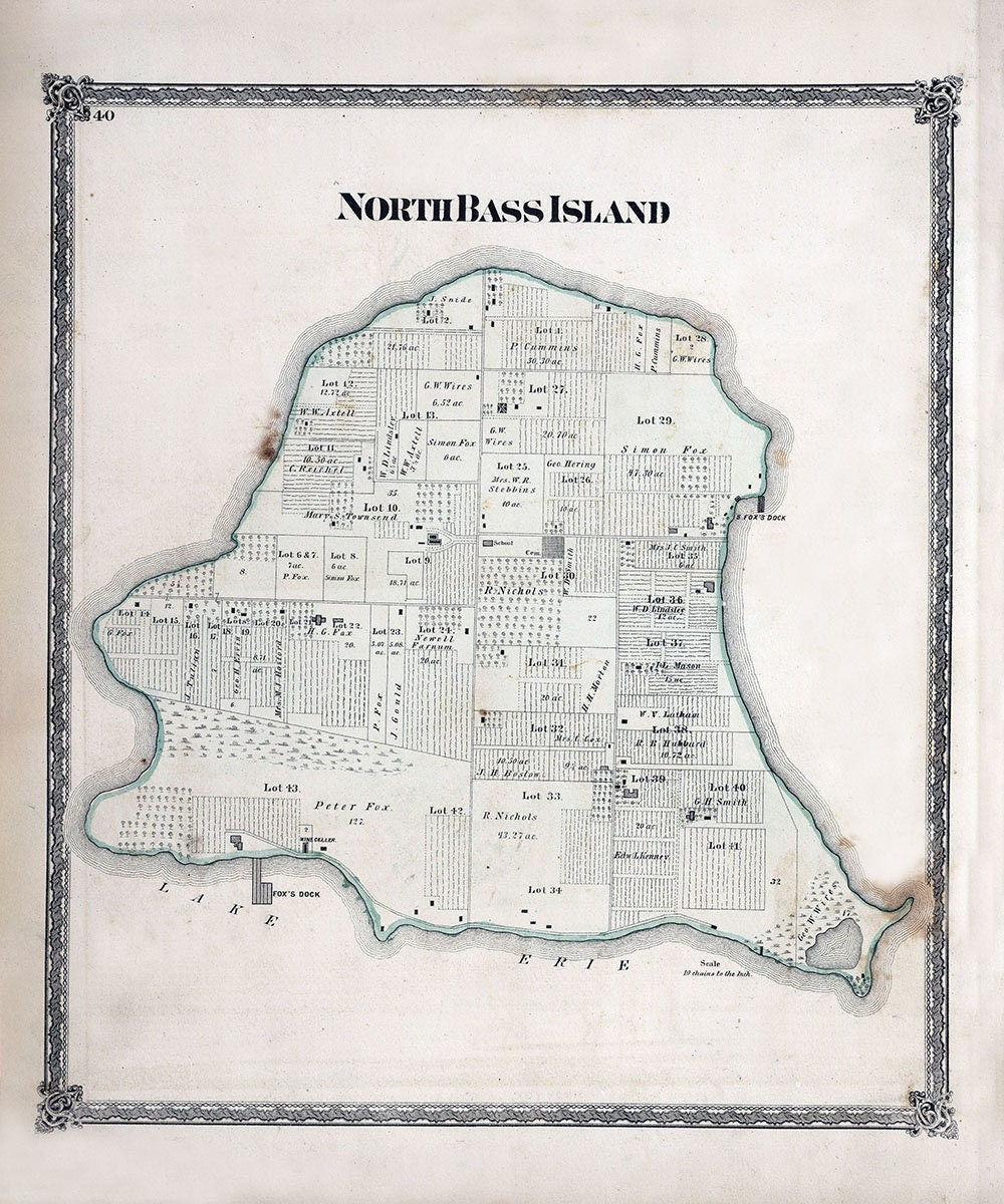 1874 Map of North Bass Island Ottawa County Ohio Lake Erie