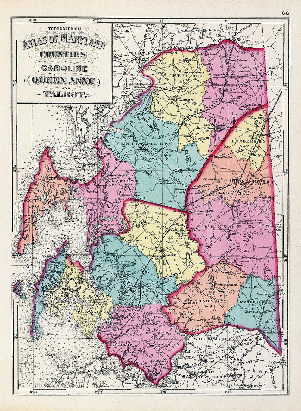 1873 Map of Caroline Queen Anne Talbot County Maryland