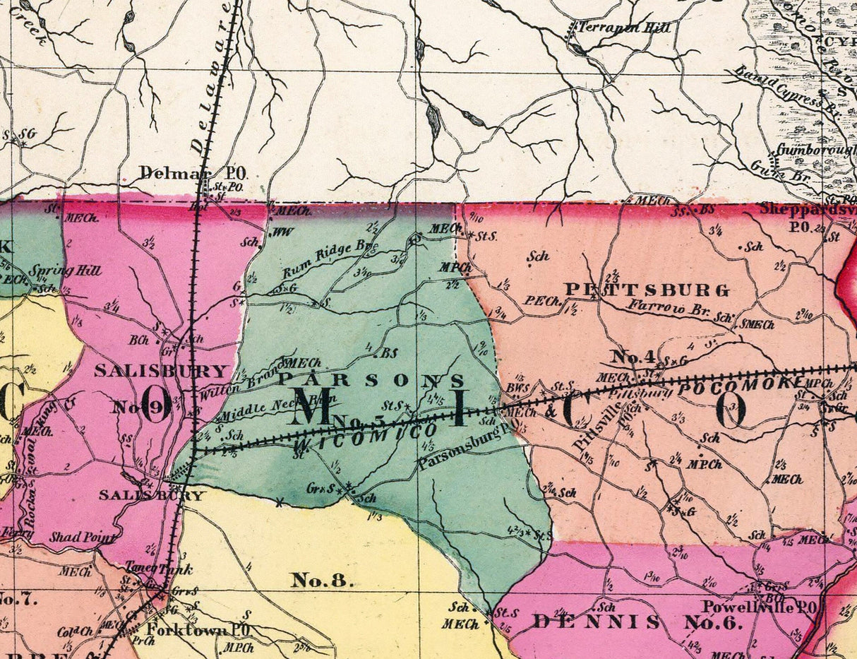 1873 Map of Dorchester Wicomico Somerset and Worcester County Maryland
