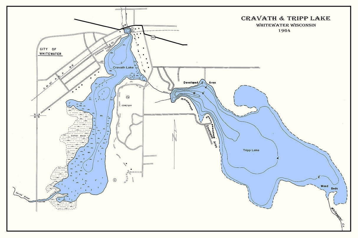 1966 Map of Cravath Lake and Tripp Lake Walworth County Wisconsin Whitewater