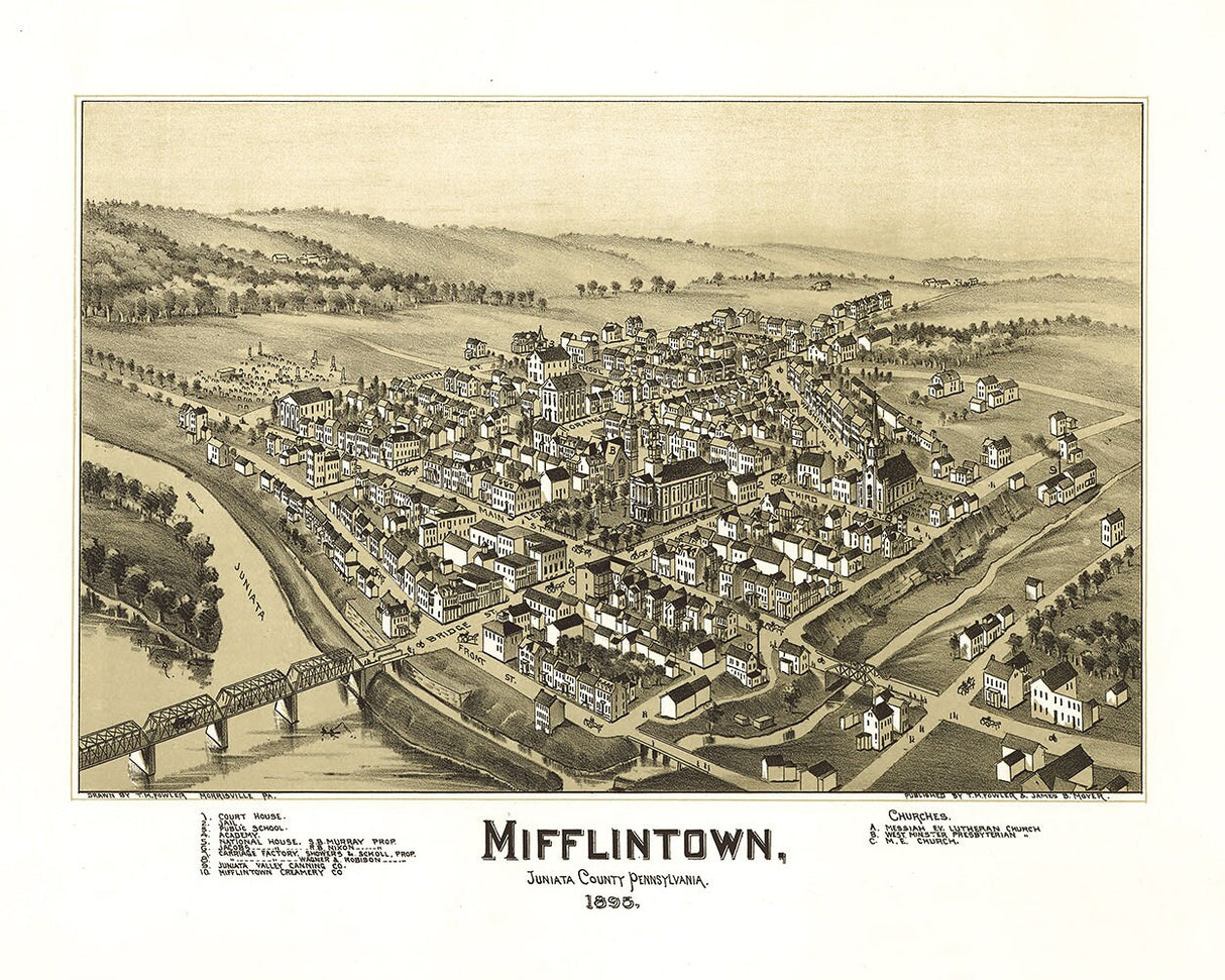 1895 Panoramic Map of Mifflintown Juniata County Pennsylvania