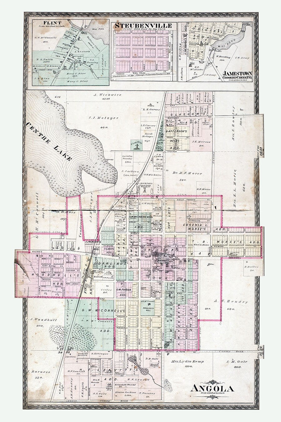 1880 Town Map of Angola Steuben County Indiana