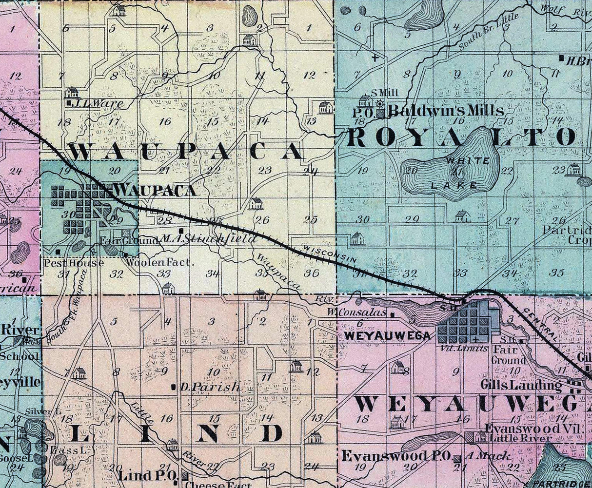 1878 Map of Waupaca County Wisconsin
