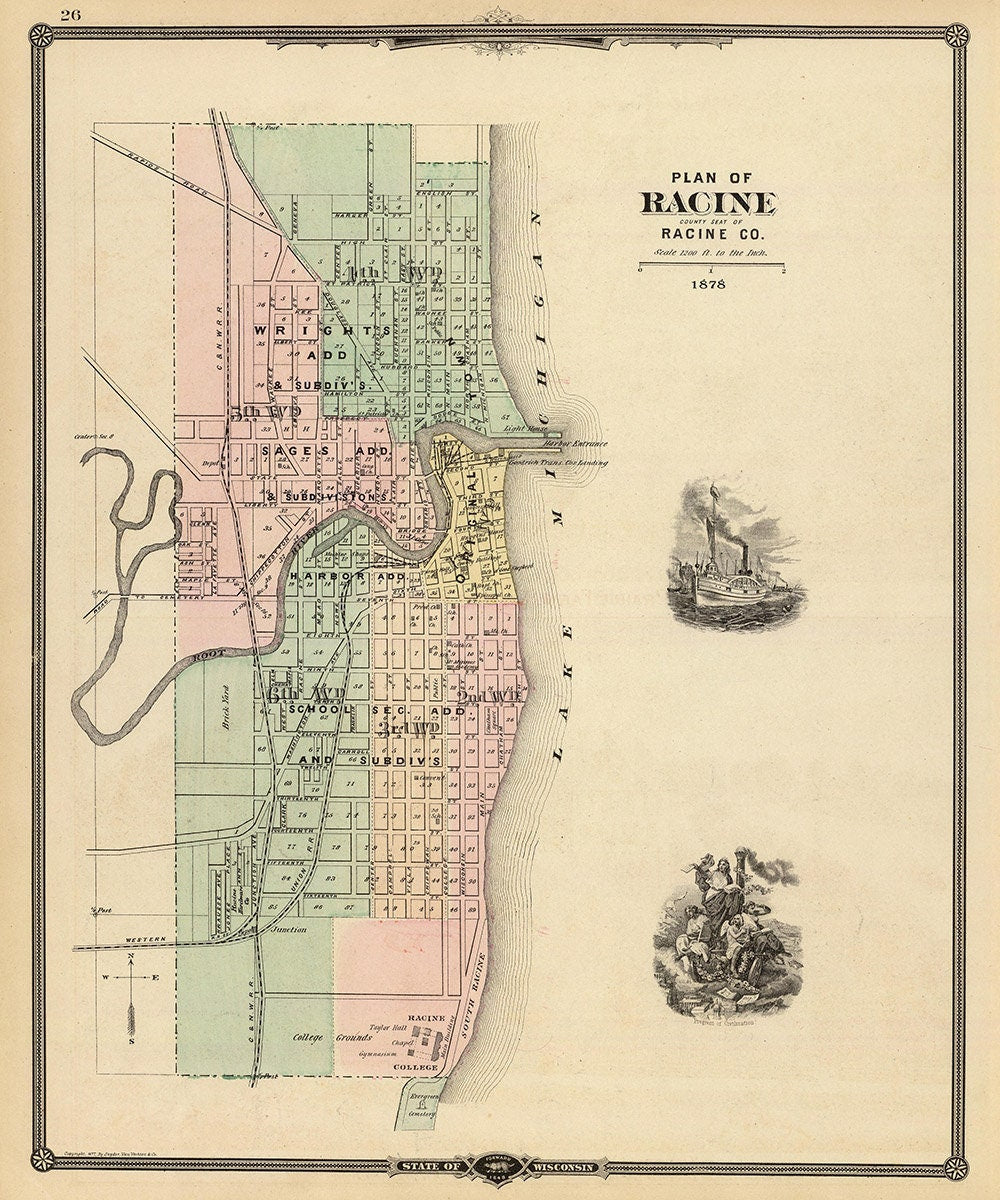 1878 Map of Racine Racine County Wisconsin