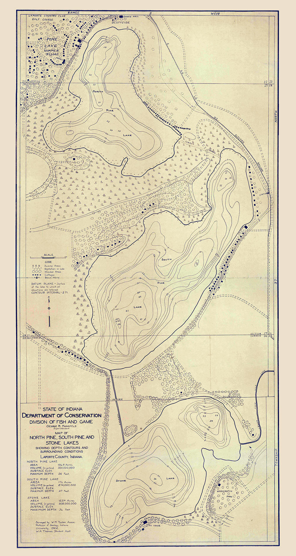 1922 Map of North Pine South Pine and Stone Lakes LaPorte County Indiana