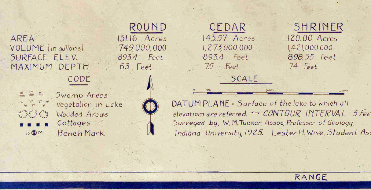 1925 Map of Tri Lakes Whitley County Indiana Cedar Lake Round Lake and Shriner Lake