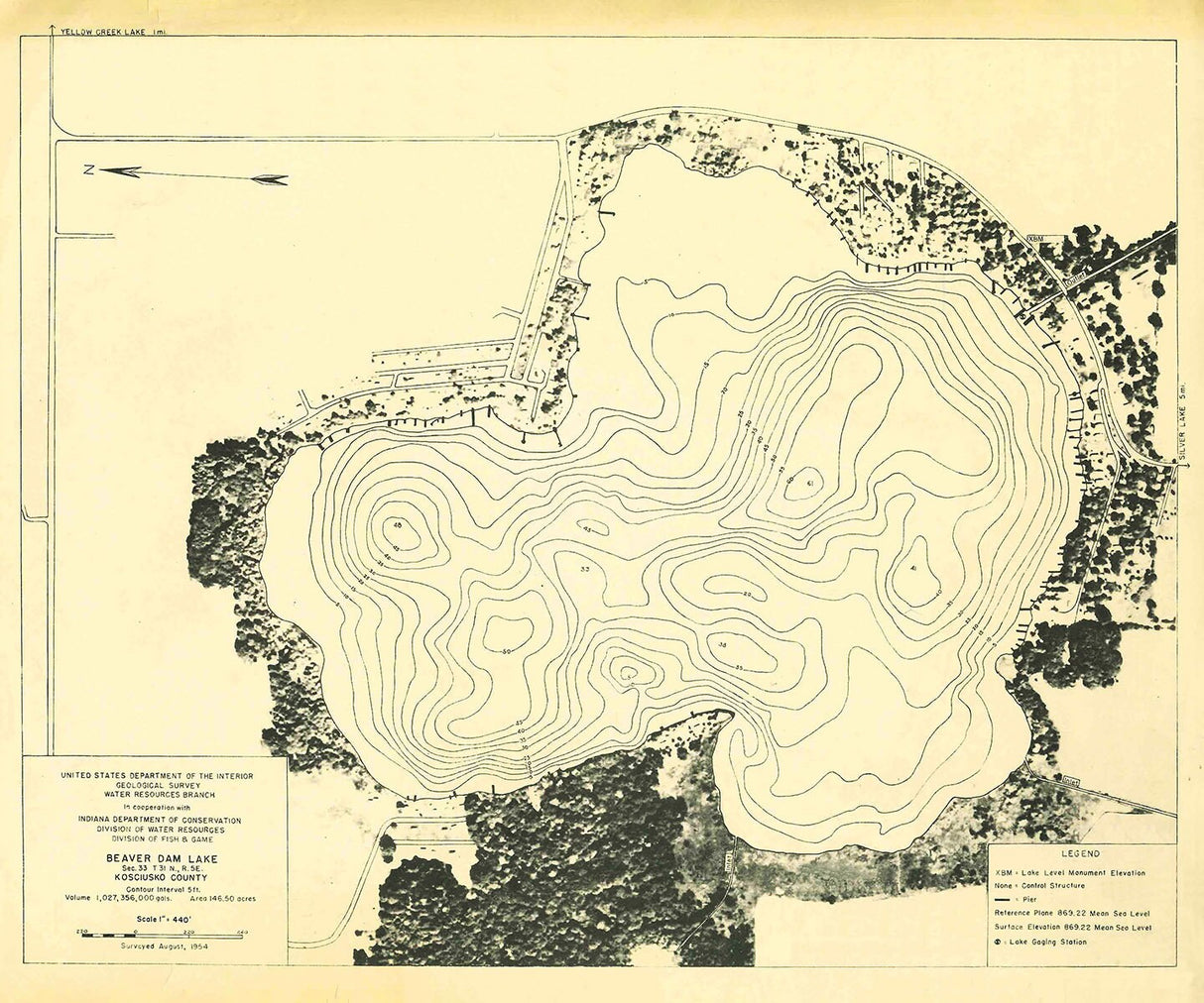 1954 Map of Beaver Dam Lake Kosciusko County Indiana