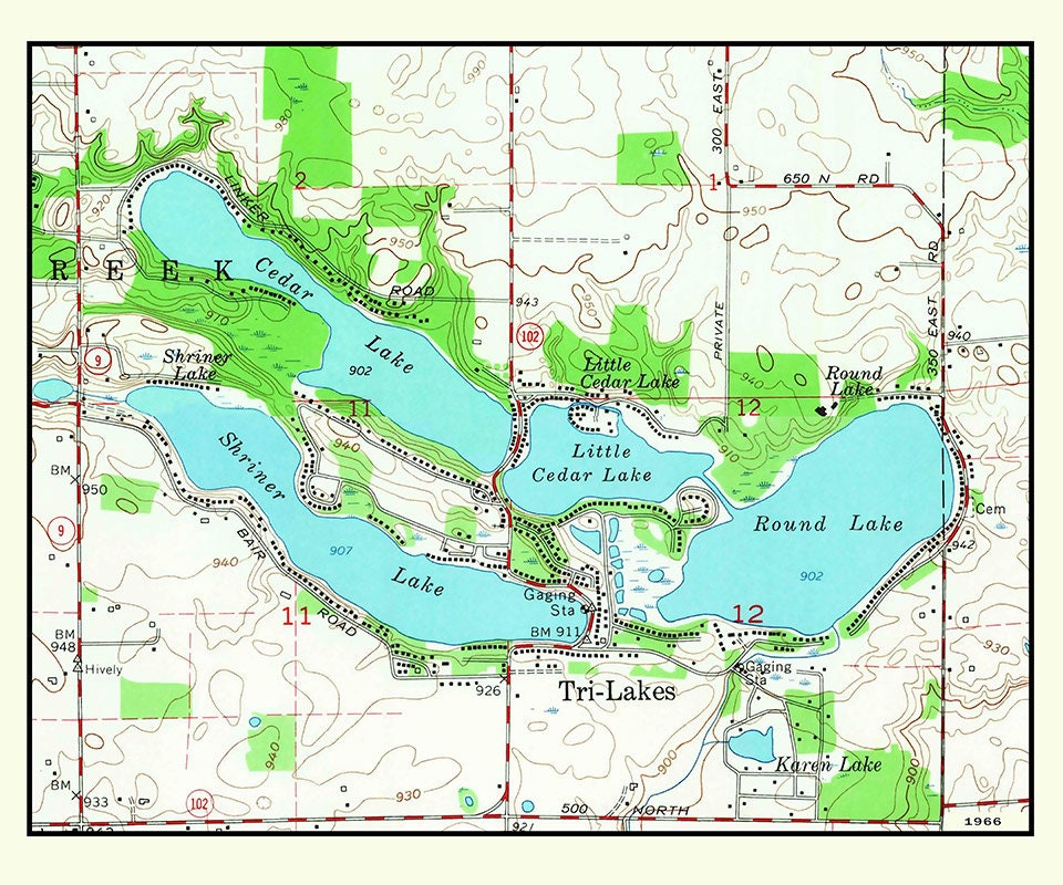 1966 Map of Tri-Lakes Indiana Cedar Lake Round Lake and Shriner Lake