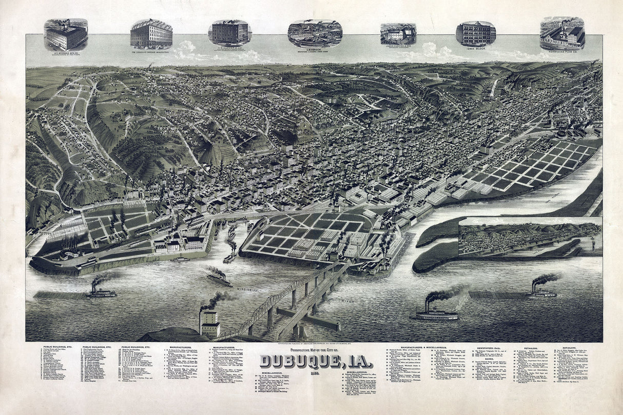 1889 Panoramic Map of Dubuque Iowa