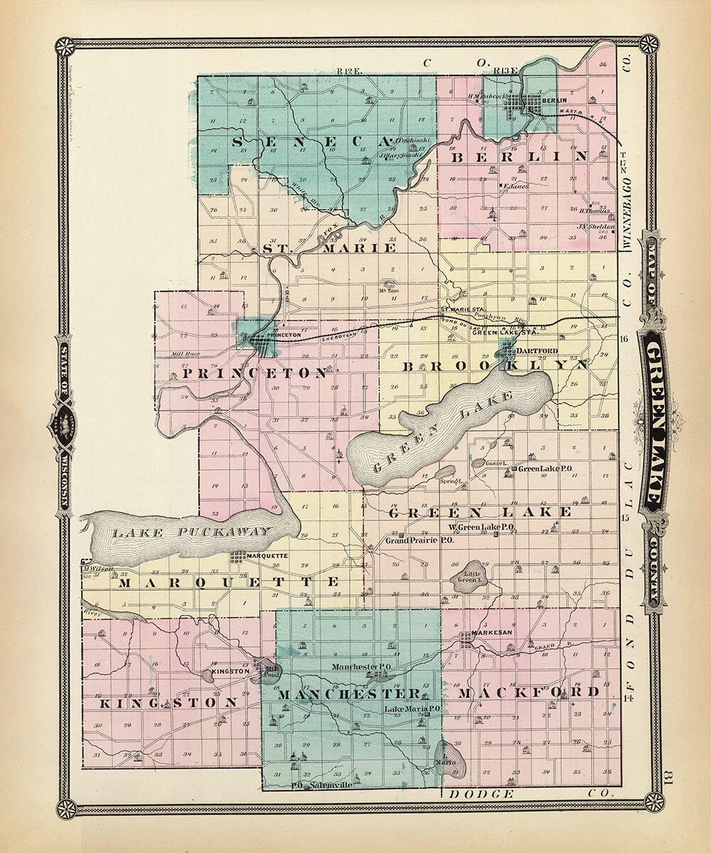 1878 Map of Green Lake County Wisconsin
