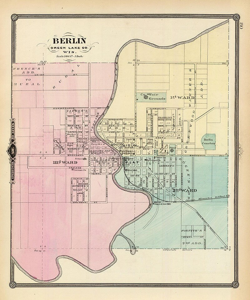 1878 Town Map of Berlin Green Lake County Wisconsin