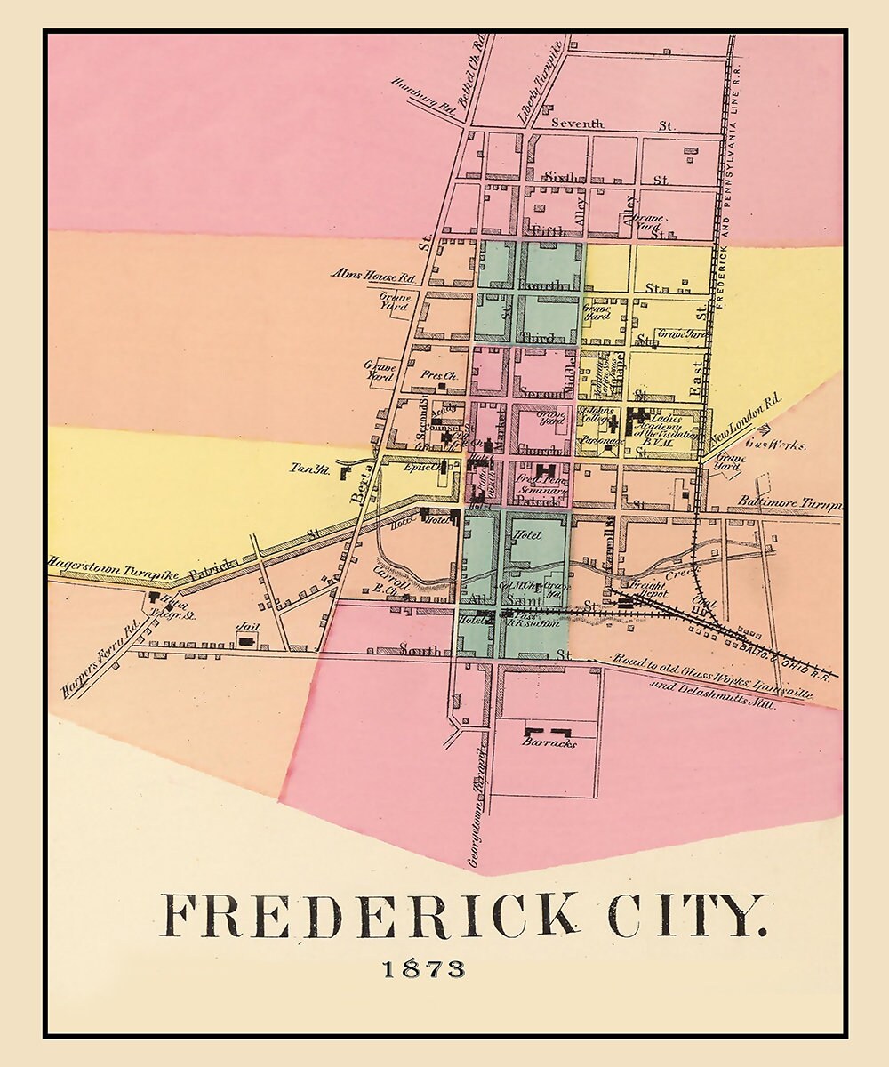 1873 Town Map of Frederick City Maryland