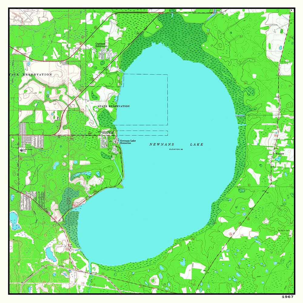 1967 Map of Newnans Lake Gainesville Florida