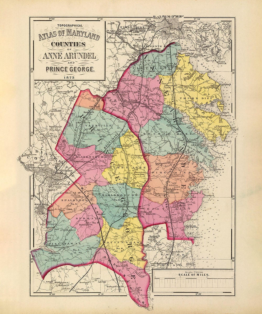 1873 Map of Anne Arundel and Prince George County Maryland