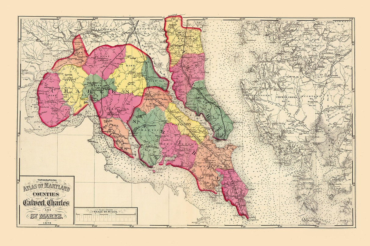 1873 Map of Calvert Charles and St Marys County Maryland