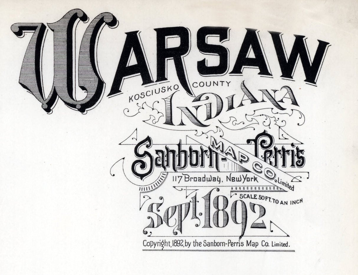 1892 Town Map of Warsaw Kosciusko County Indiana