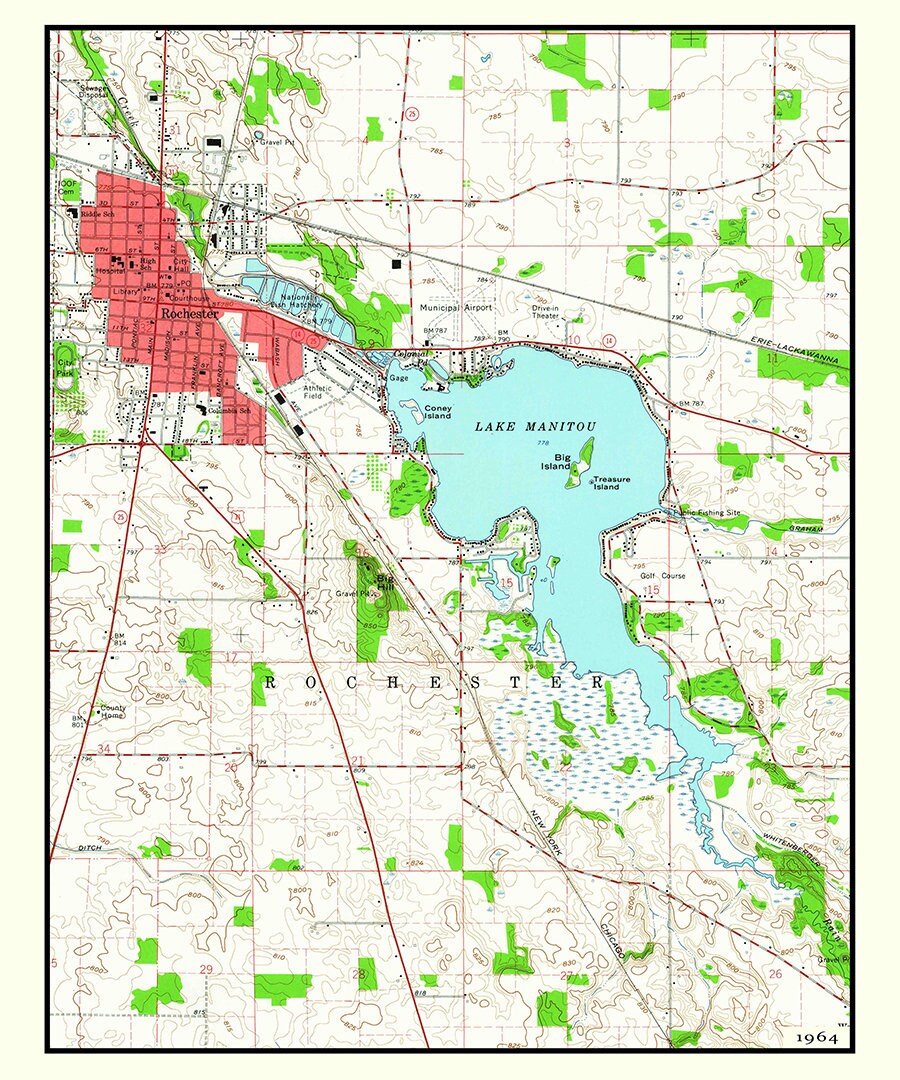 1964 Map of Lake Manitou Indiana Rochester